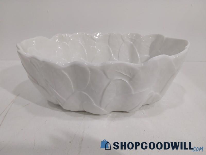 Large Oval Leaf Flowers Designs White Milk Glass Kitchen Table Fruit Bowl 