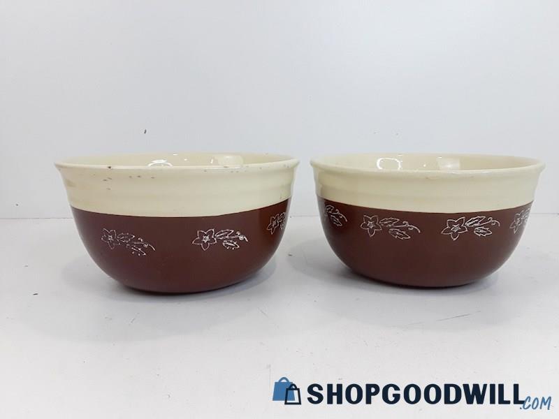 Vintage Oxford Stoneware Brown Floral Mixing Bowls 