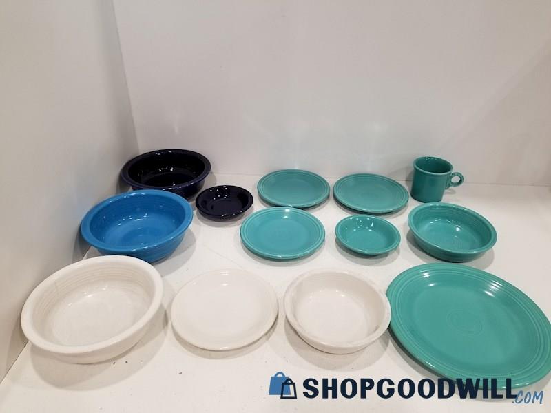 13pc Lot Fiesta Ware Assorted Blues & White Bowls, Plates, Mug Dinnerware
