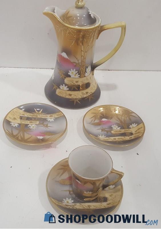 Appears To Be Handpainted Japan Coffee Pot Set Scenic View Gold Trim