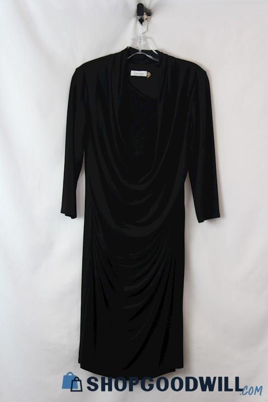 Calvin Klein Women's Black Cowl Neck 3/4 Sleeve Ruched Front Dress SZ 8