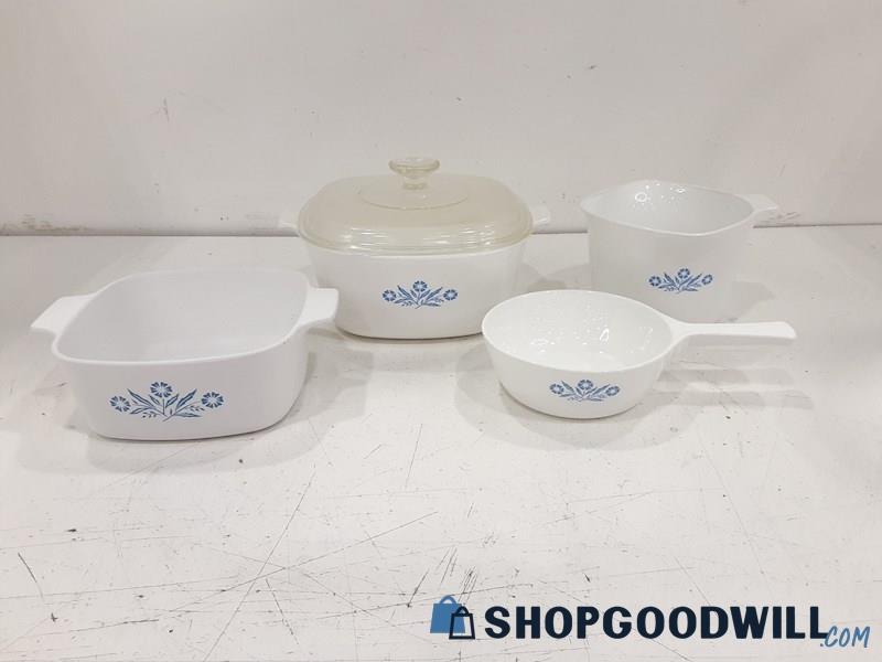 5PC Corning Ware Blue Corn Flower Square Casserole Baking Dishes Measuring Cup