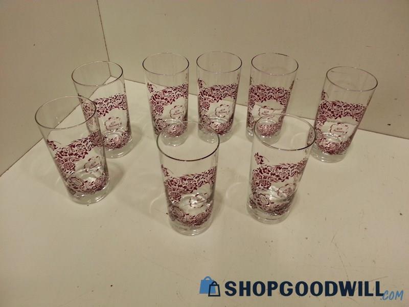 Eight Vtg 40th Anniversary Red Purple Flower Pattern Drinking Glasses