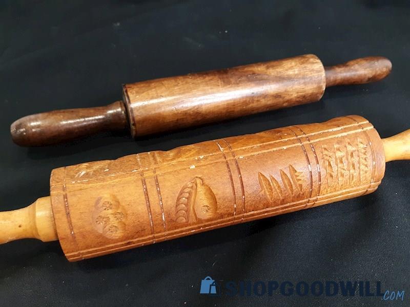 2 Antique Wooden Rolling Pins, Springerie Pastrie Embossing,  Depression Style