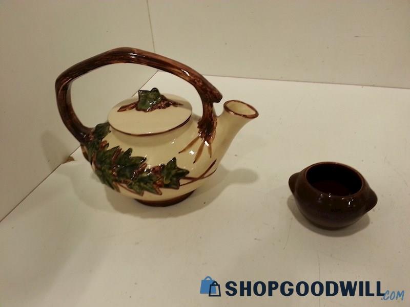 McCoy Pottery Tea Pot + Brown Cup Vtg Leaf Pattern Ceramic