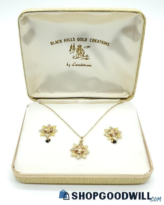 12K & Gold Filled Black Hills Gold Vintage Necklace & Clip-On Earrings IOB 5.81g