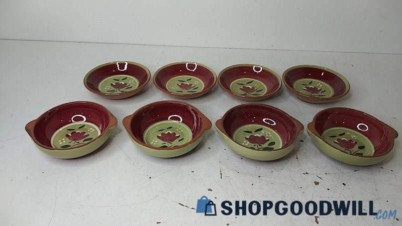 8pc Stangl Pottery Magnolia Red Green Floral Bowls & Lugged Soup Crocks
