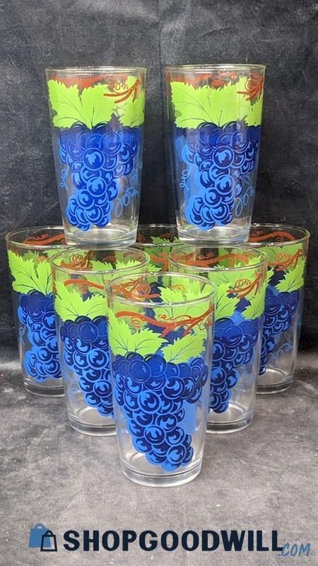 8pcs Vintage Juice Glasses/Tumblers Set W/ Grapes & Leaves Design Summer Fruit