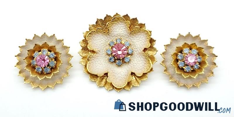 Vintage Gold-Tone Rhinestone Brooch & Earrings Set