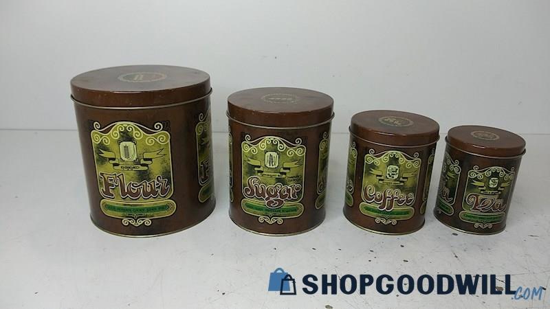 4pc Unbranded Vintage Brown Metal-like Tins/Canisters w/Lids Flour Sugar Coffee+