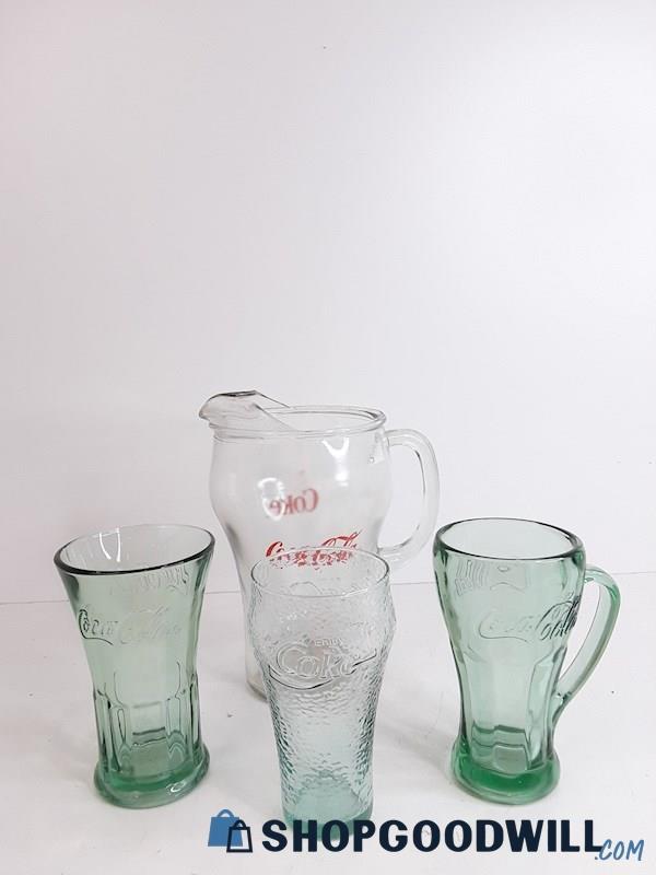 Lot 4 Pc Coca Cola Thick Glass Cups W/ Tall Glass Pitcher VTG 