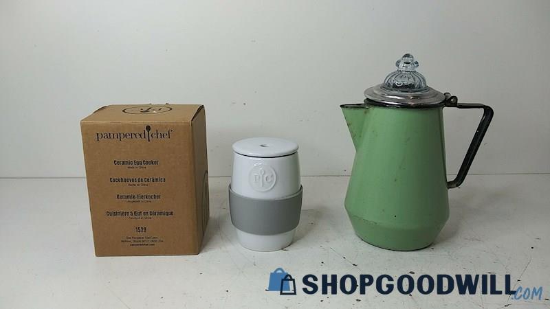 2pc Mixed Kitchenware Pampered Chef Egg Cooker & Fire-King Coffee Pot