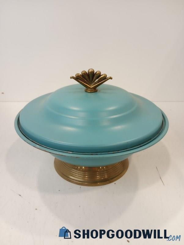 Vintage Blue Enameled Brass Footed Candy Dish