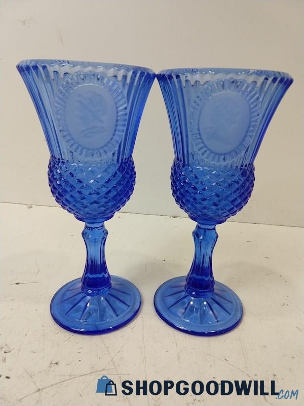 2 Blue Partner Glass Sunrays Wine Glass Cups UNBRANDED