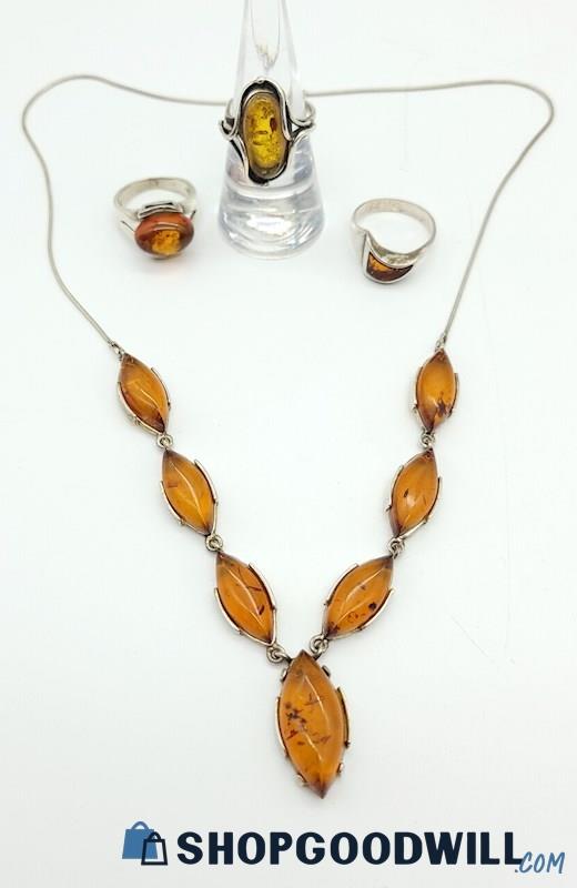 .925 Amber Jewelry Collection Necklace & Rings 31.42grams