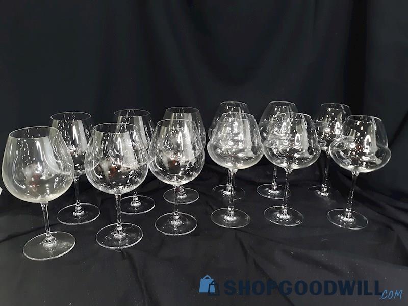 12 Pc. Assorted Glass Wine Glasses Lot, 2 Pairs of Mixed Sizes 