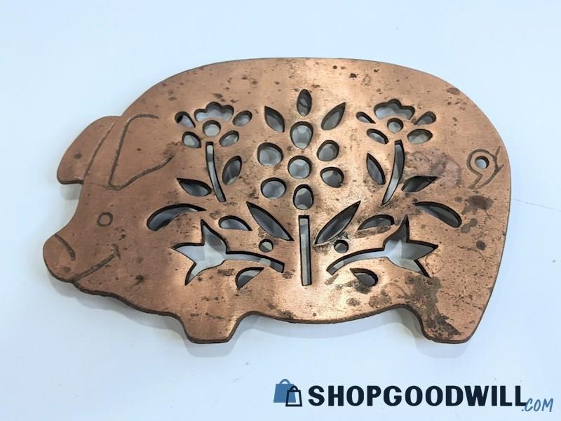 Copper Tone Cast Iron Floral Pierced Pattern Hot Plate Pig Trivet