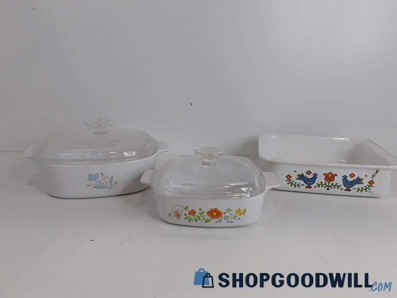 Lot Of 3pc Corning Ware Wildflower & Country Festival Blue Casserole Dish 