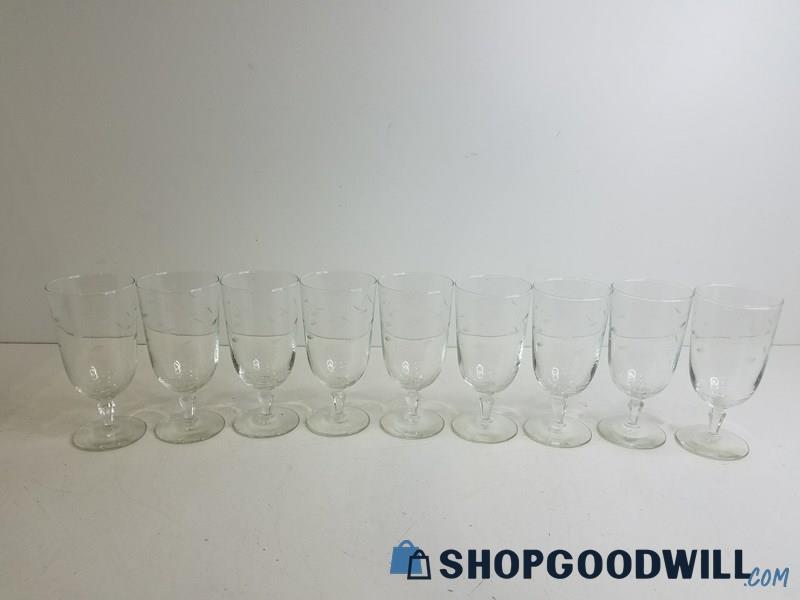 Set Of 9 Etched Wine Glass Delicate Design Stemware, Vintage Cups