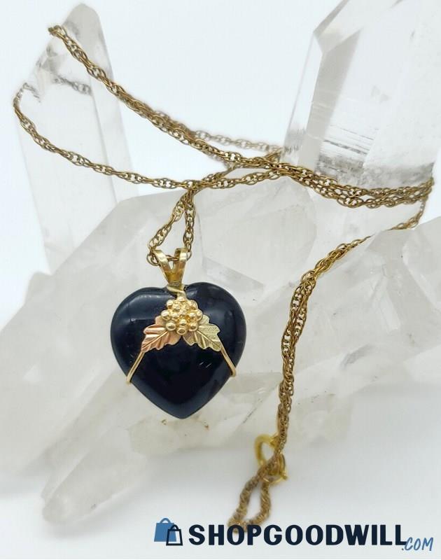 10K Black Hills Gold Black Onyx Heart Pendant on Gold Filled Chain 3.05 grams