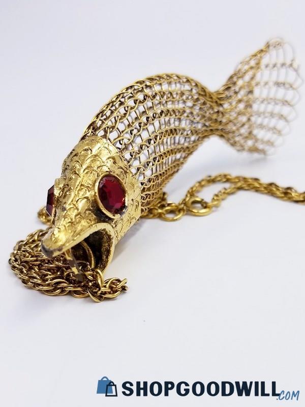 Vintage Gold-Tone Mesh Fish Statement Necklace 