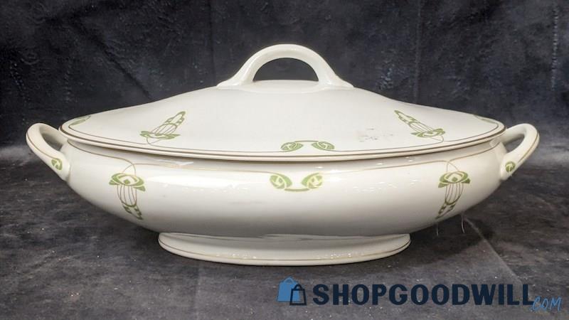 2pcs Vintage 1917 OPCO Syracuse China White W/ Green Accents Soup Tureen W/ Lid