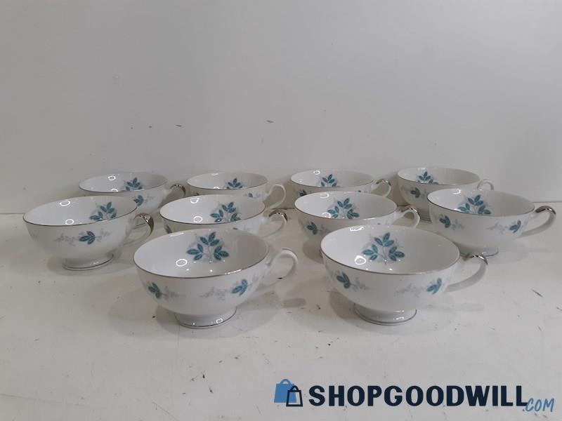 10 Pc. Footed Tea Cup Set Seyei Woodland Floral Detailing, Silver Rimmed