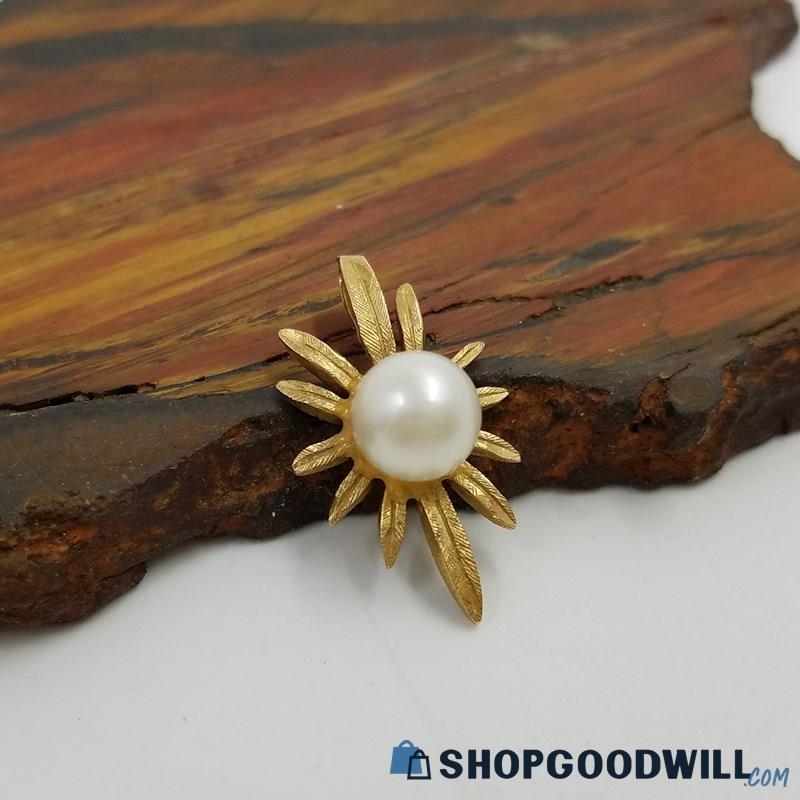 14K Yellow Gold Vintage Cultured Pearl Flower Pendant 1.81 Grams