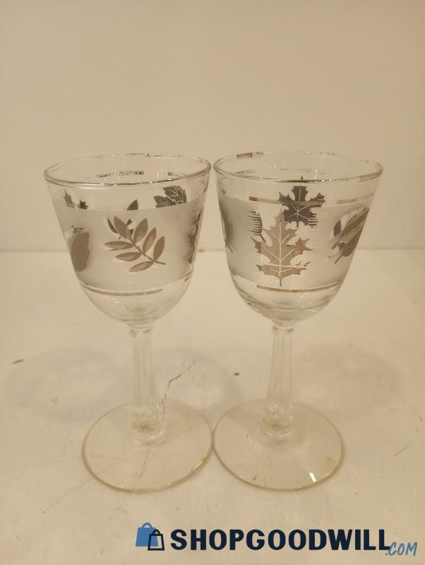 Vintage 2pc Libbey Glass Silver Leaf Large Wine Glasses 