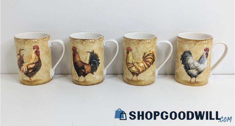 4pc 222 Fifth Fine China Porcelain Rustic Rooster Coffee Mugs