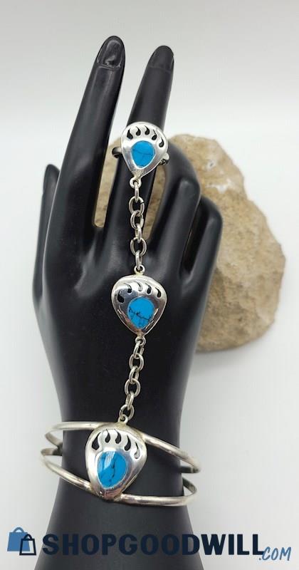 Silver-Tone & Faux Turquoise Bear Paw Chained Bracelet & Ring Combo