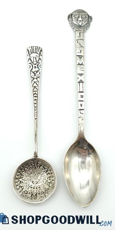 .925 Vintage Mexican & Mayan Calendar Souvenir Spoons (2) 21.22 Grams