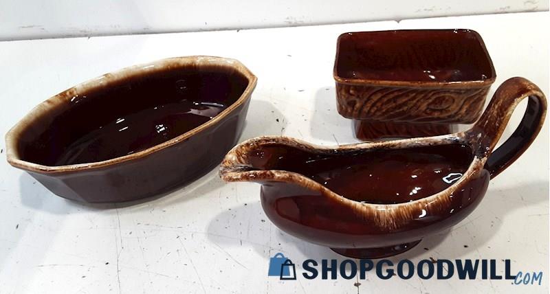 Vintage Brown Drip Glaze Pottery McCoy casserole dish  Hull Gravy Boat