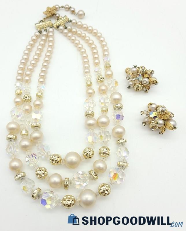 Vintage Vendome Crystal & Faux Pearl 3-Strand Necklace & Earring Set