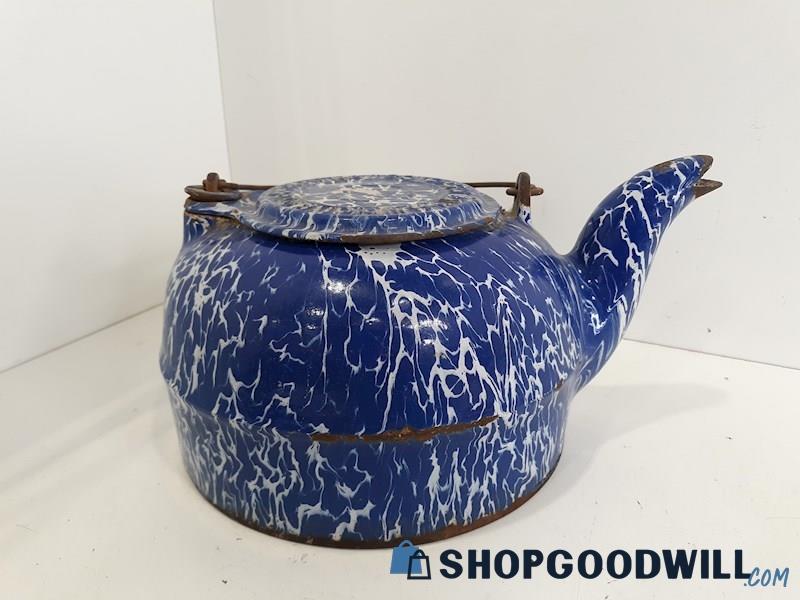 Blue & White Watercolor Speckled Cast Iron Tea Kettle Appears Wrought Iron Range