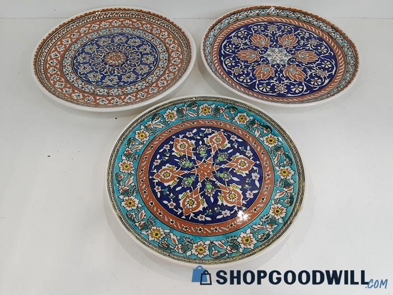 Lot Of 3pc Handmade Multi-Color Floral Serving Platter Plates 
