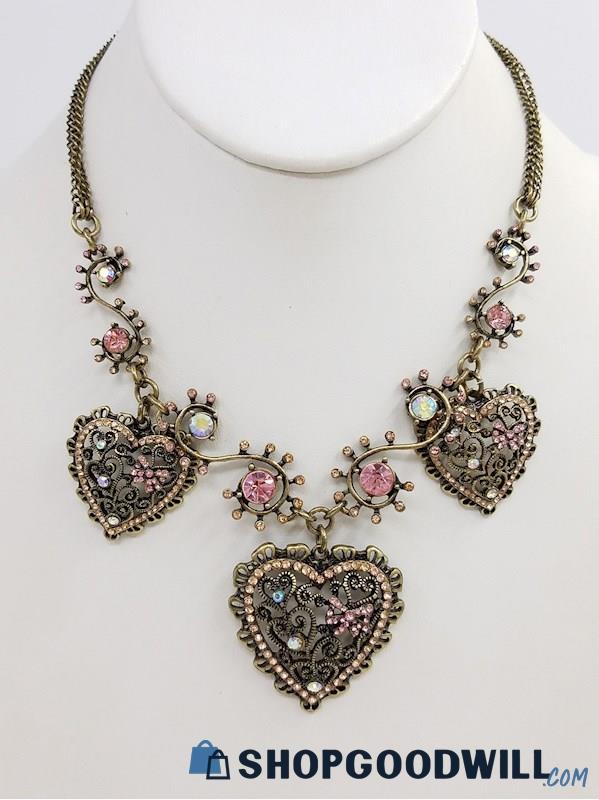 BETSEY JOHNSON Pink Crystal 2-Heart Filigree Necklace 