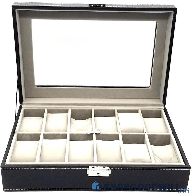 Unisex 12 Compartment Leather Locking Watch Holding Box