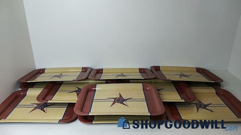 12pc Unbranded Vintage Metal-like Trays Wood Grain Red Blue Star Design