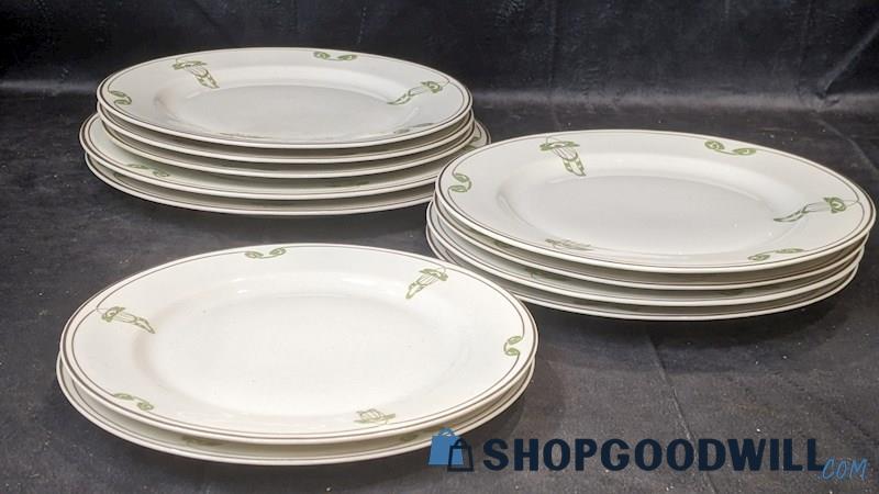 11pc Vintage 1917 OPCO Syracuse China White W/ Green Accents Dinner/Lunch Plates