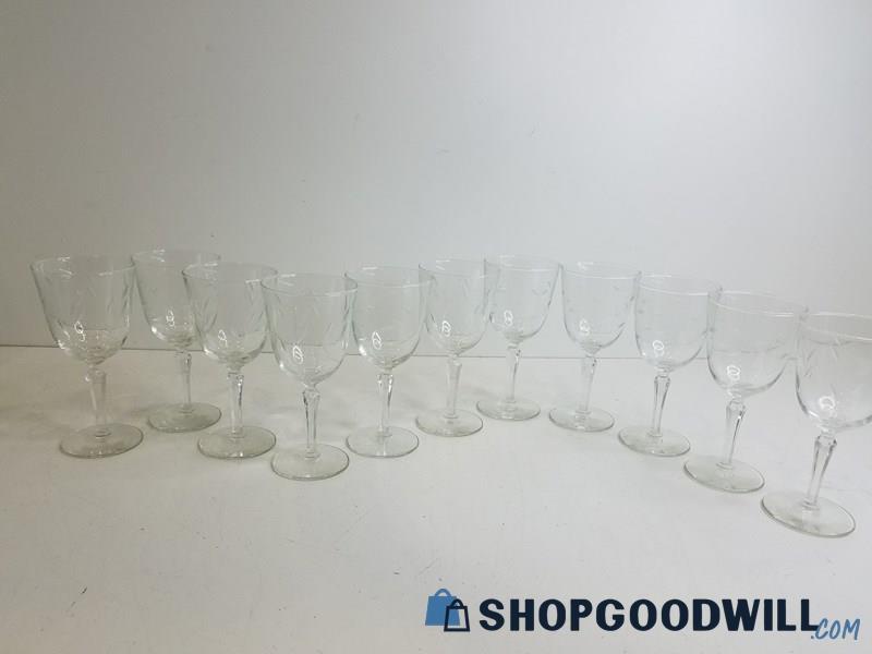 Set Of 11 Crystal Wine Glasses W/ Floral Design, Vintage Drinking Glass