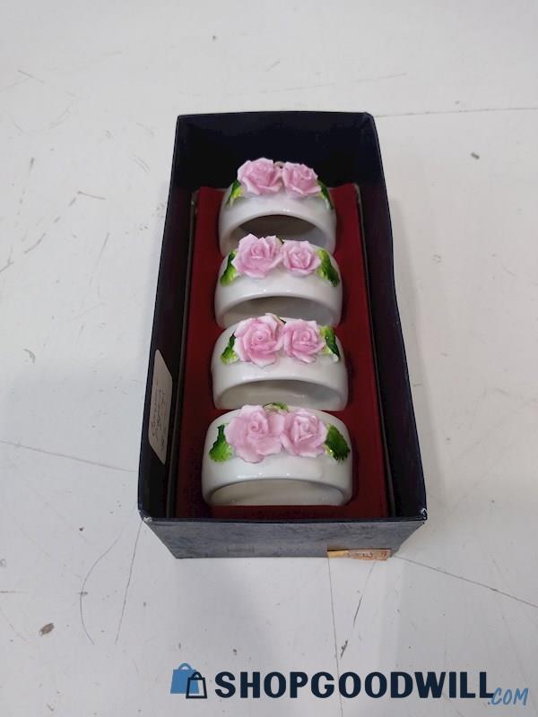 Pink Roses Ceramic Napkin Rings Set Of 4
