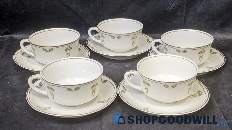 10pcs Vintage 1917 OPCO Syracuse China White W/ Green Accents Teacups & Saucers