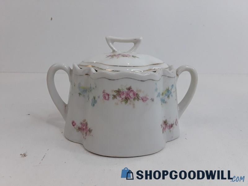 Vintage Porcelain White & Pink Floral Sugar Bowl W/ Lid 