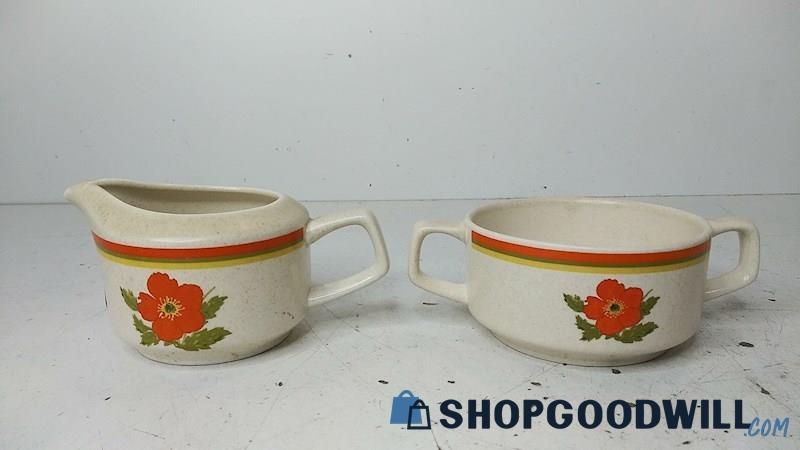 2 Vintage Lenox Temper-Ware Fire Flower Orange Floral Creamer Sugar Bowl