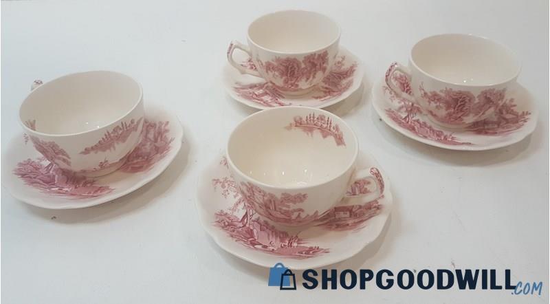 c) The Old Mill - Johnson Brothers 8 Piece - Lot of 4 Cup/Saucer Sets