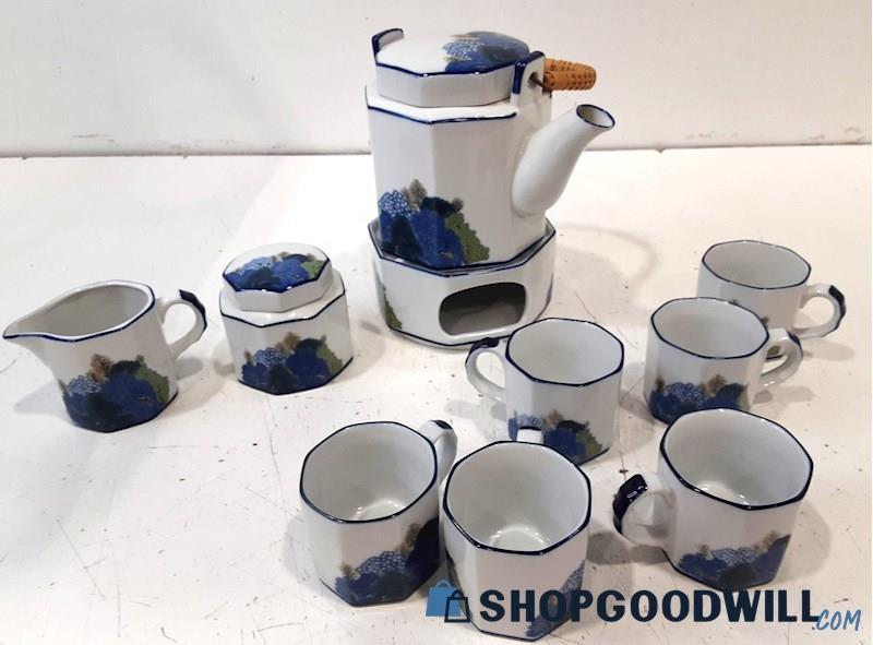 Asian Tea Set  Teapot Warmer Cups Blue & White Garden scene Ceramic 