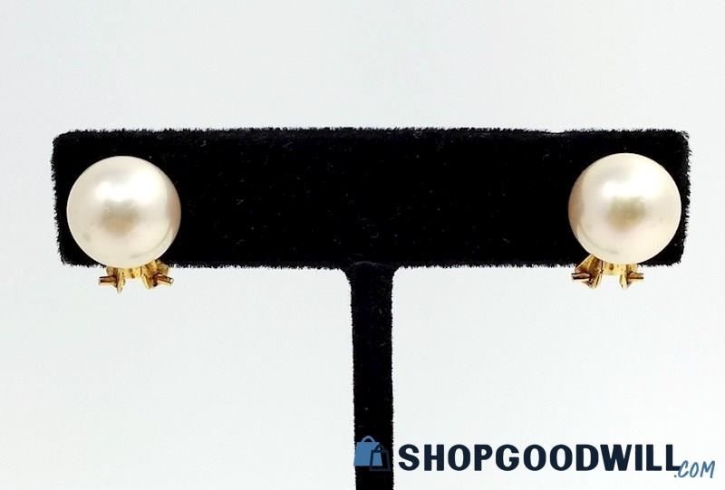 18K Yellow Gold 11.00 Millimeter Faux Pearl Clip Back Earrings 5.57 Grams