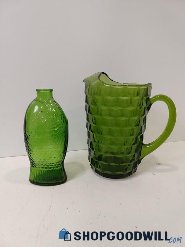 2pc Dr Fischs Bitters Bottle & Green Glass Pitcher Outdoor Appears Indiana Glass