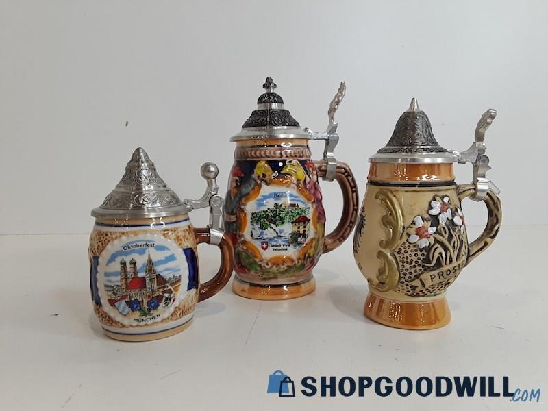 Lot Of 3pc Miniature Multi-Color Beer Steins 